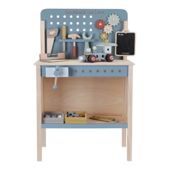 Werkbank mit Lasergravur, Holz blau | Little Dutch personalisierbar